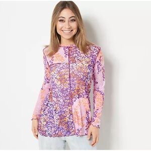 LOGO Layers Sz L Mesh Pink Boho Patchwork Blouse LS Top Fairy Boho Whimsy Y2K